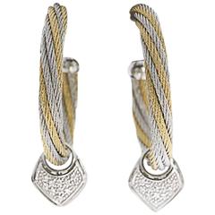 Philippe Charriol Alor Gold Steel Diamond Charm Cable Hoop Earrings