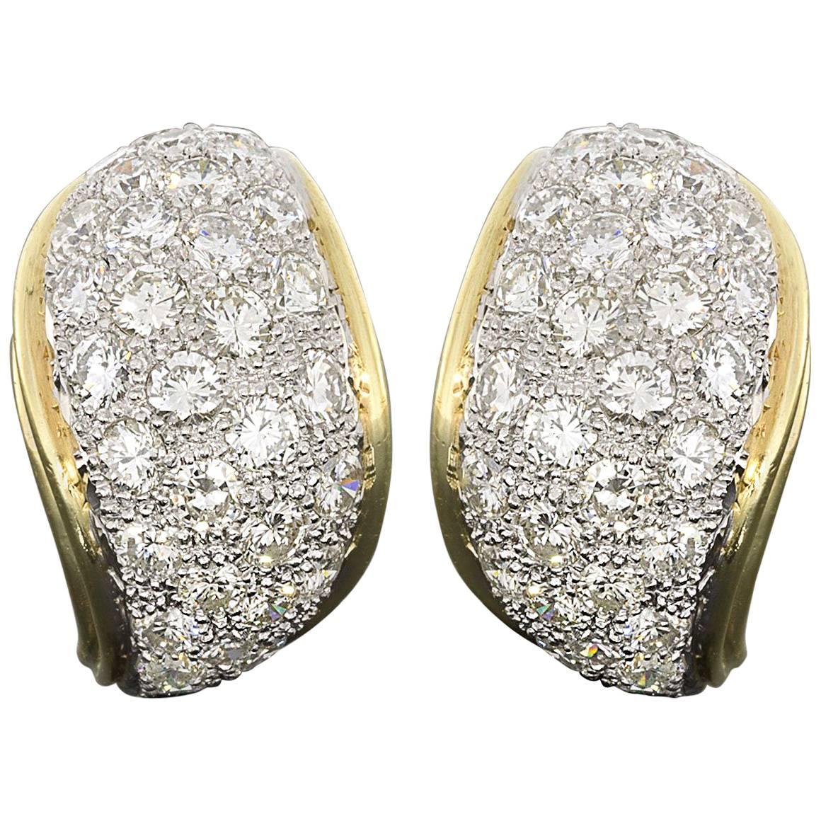 Yellow and White Gold 3.60 Carat Pave Diamond Paisley Shaped Earrings