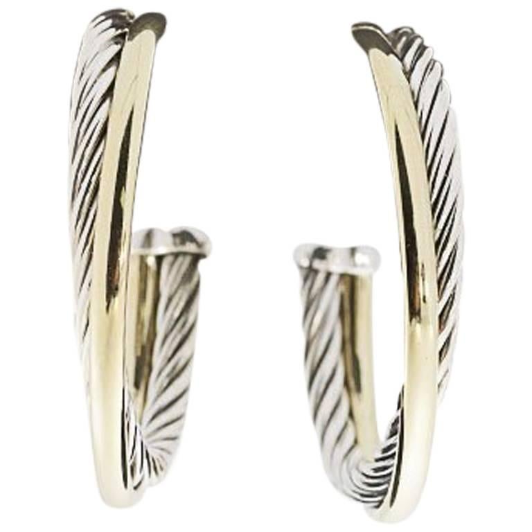 David Yurman Sterling Silver Yellow Gold Cable Crossover Hoop Earrings