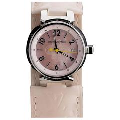 Used Louis Vuitton Stainless Steel Tambour Pink Flower Dial Quartz Wristwatch