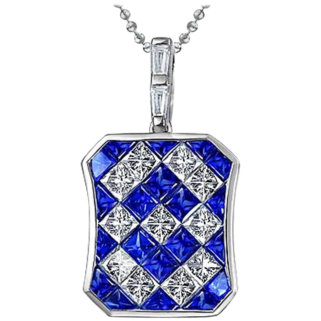 Blue Sapphire Diamond White Gold Invisible Set Pendant Necklace For Sale