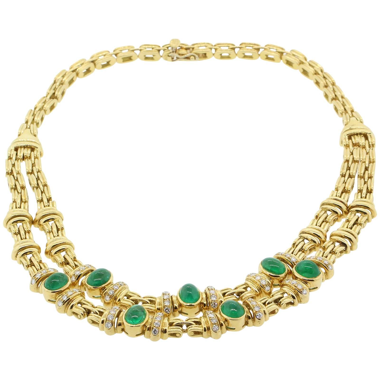Cabochon Emeralds and Diamond Gold Necklace