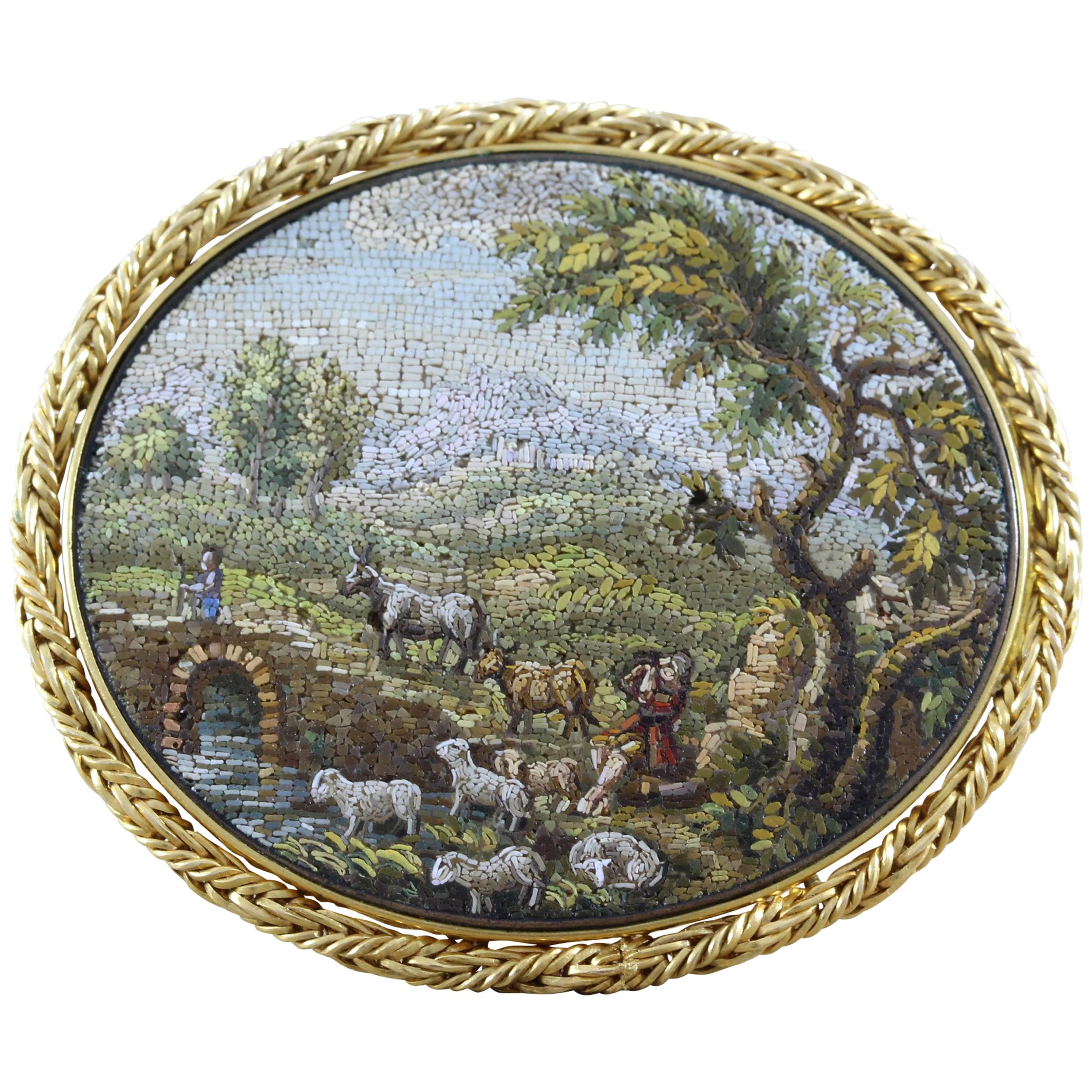 Victorian Hardstone Micro Mosaic Gold Brooch