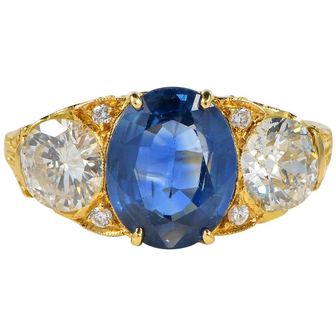 Victorian 2.60 Carat Natural No Heat Sapphire 1.40 Carat Diamond Trilogy Ring For Sale