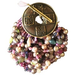Pearls Rubellite Ruby Tourmaline Gold Coin Bracelet 11