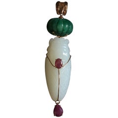 Cicada Pendant Imperial Jade Emerald Star Ruby Gold 2