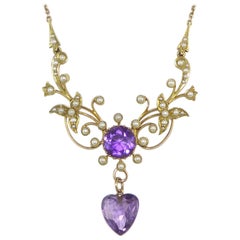 Victorian Necklace, Amethyst and Pearl, Heart Shaped Pendant Drop, Stamped 15ct