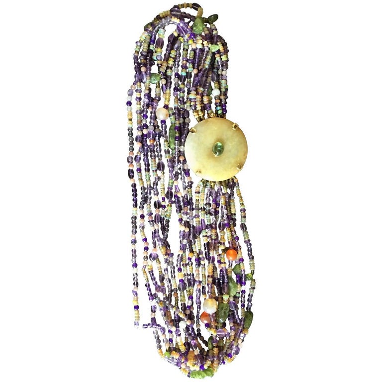 Jasmine Jade Necklace Jade Tourmaline Fire Opal Amethyst Gold For Sale