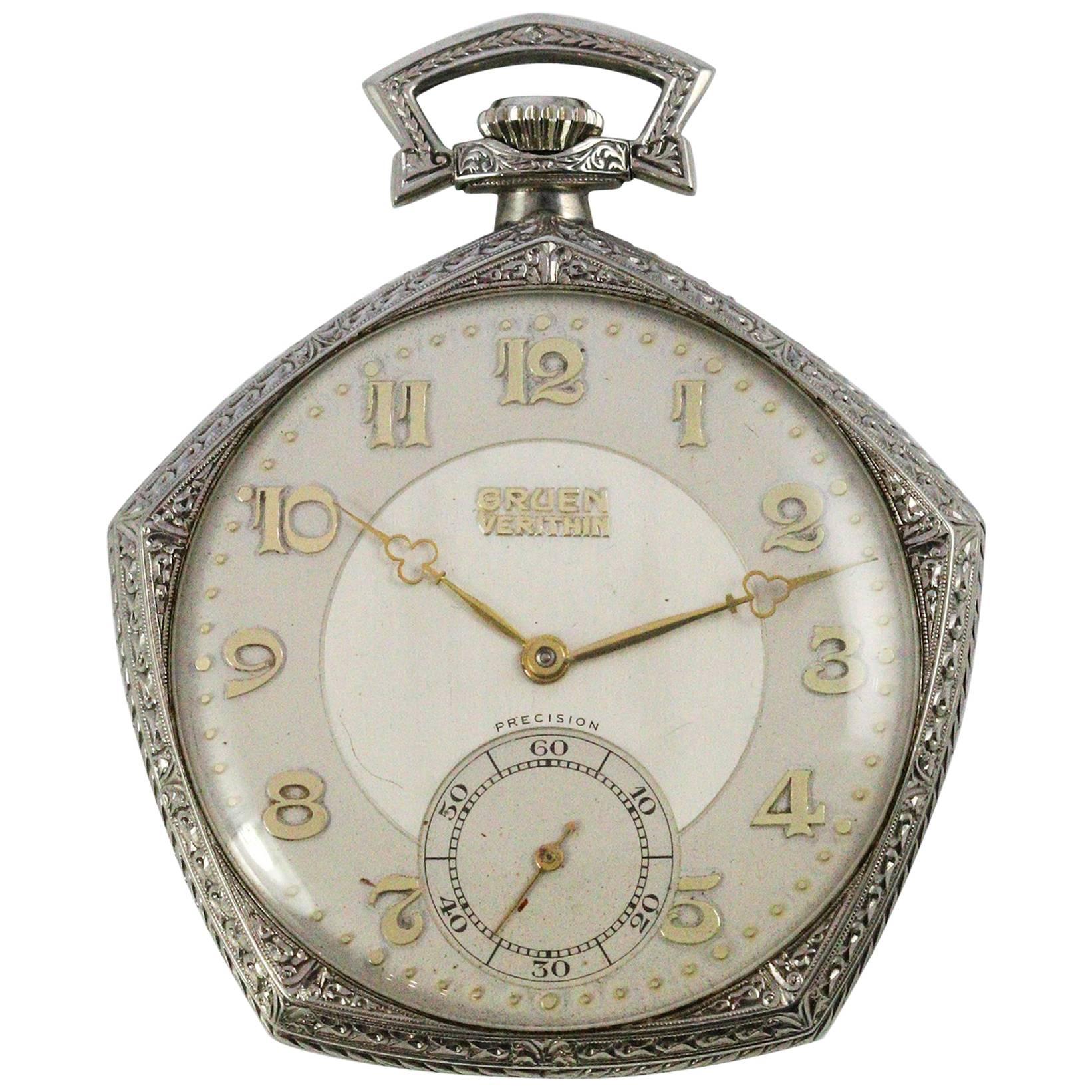 1934 White Gold Filled Gruen Pentagon Verithin Pocket Watch