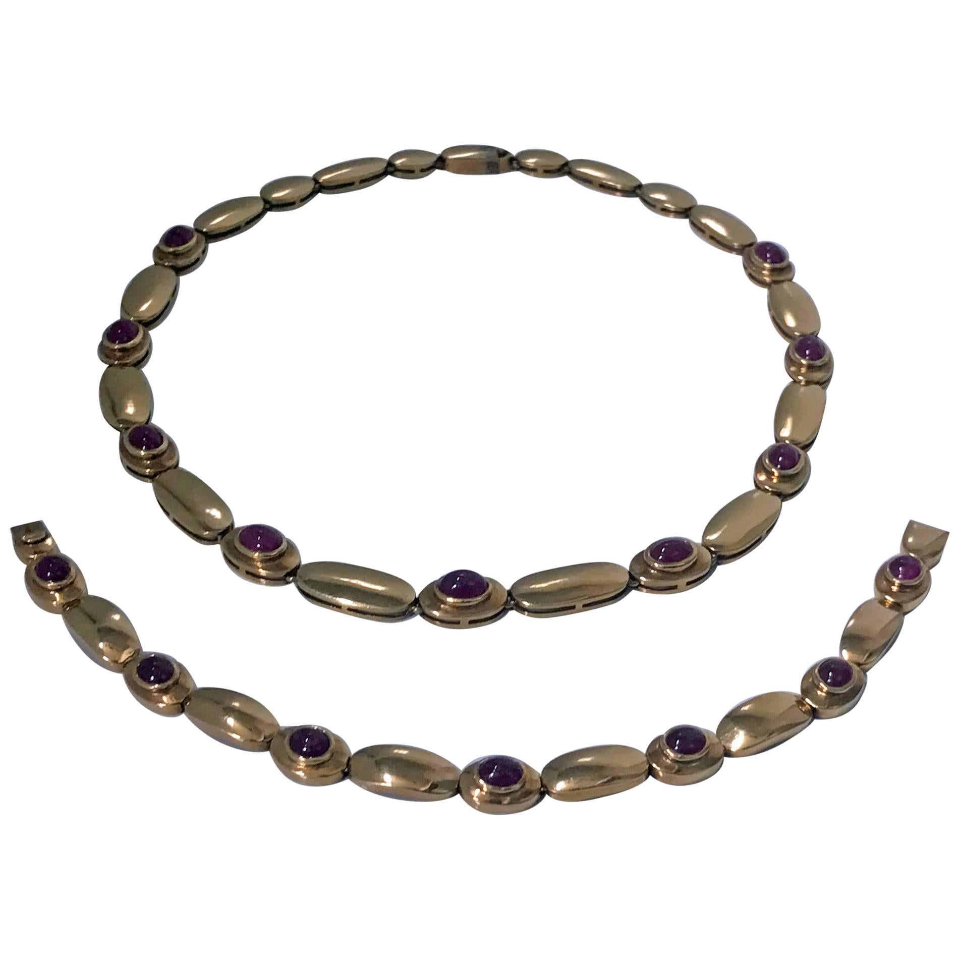 Cabochon Ruby Gold Necklace and Bracelet Set