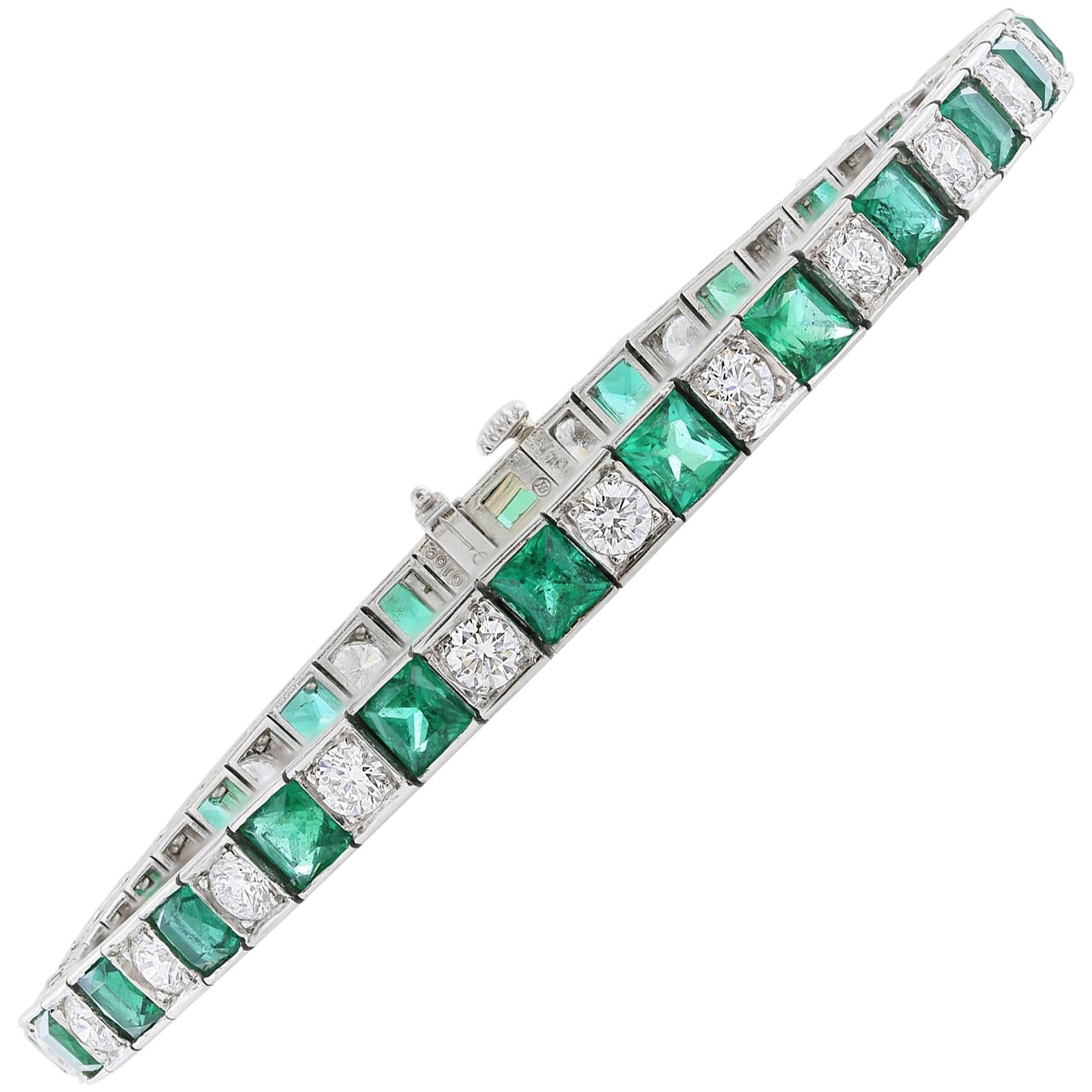 Oscar Heyman Emerald Diamond Platinum Tennis Style Bracelet For Sale