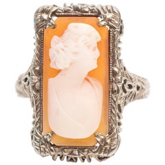 1920s Art Deco Cameo Bust 14 Karat White Gold Filigree Ring