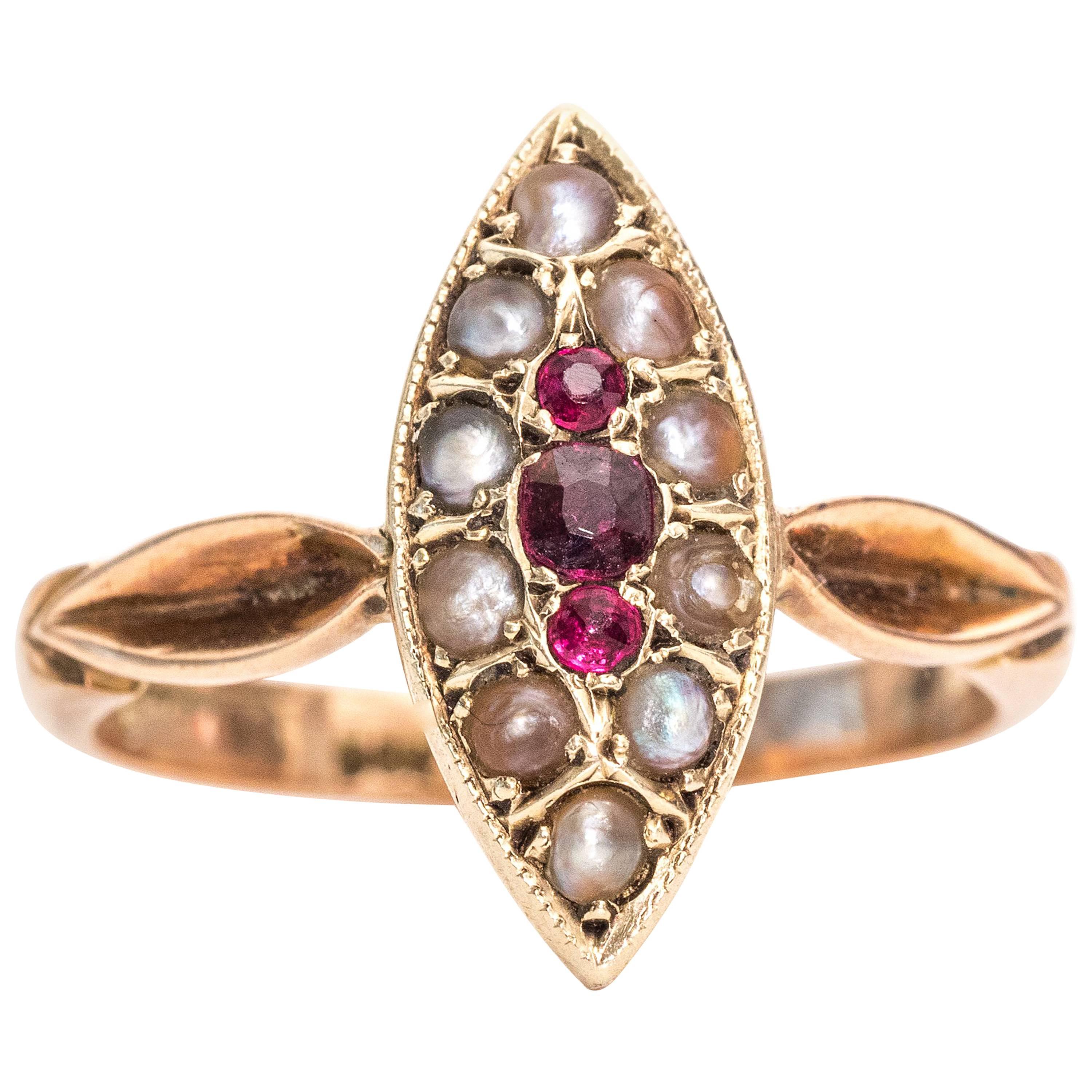 1890s Victorian Garnet and Seed Pearl 9 Karat Rose Gold Ring