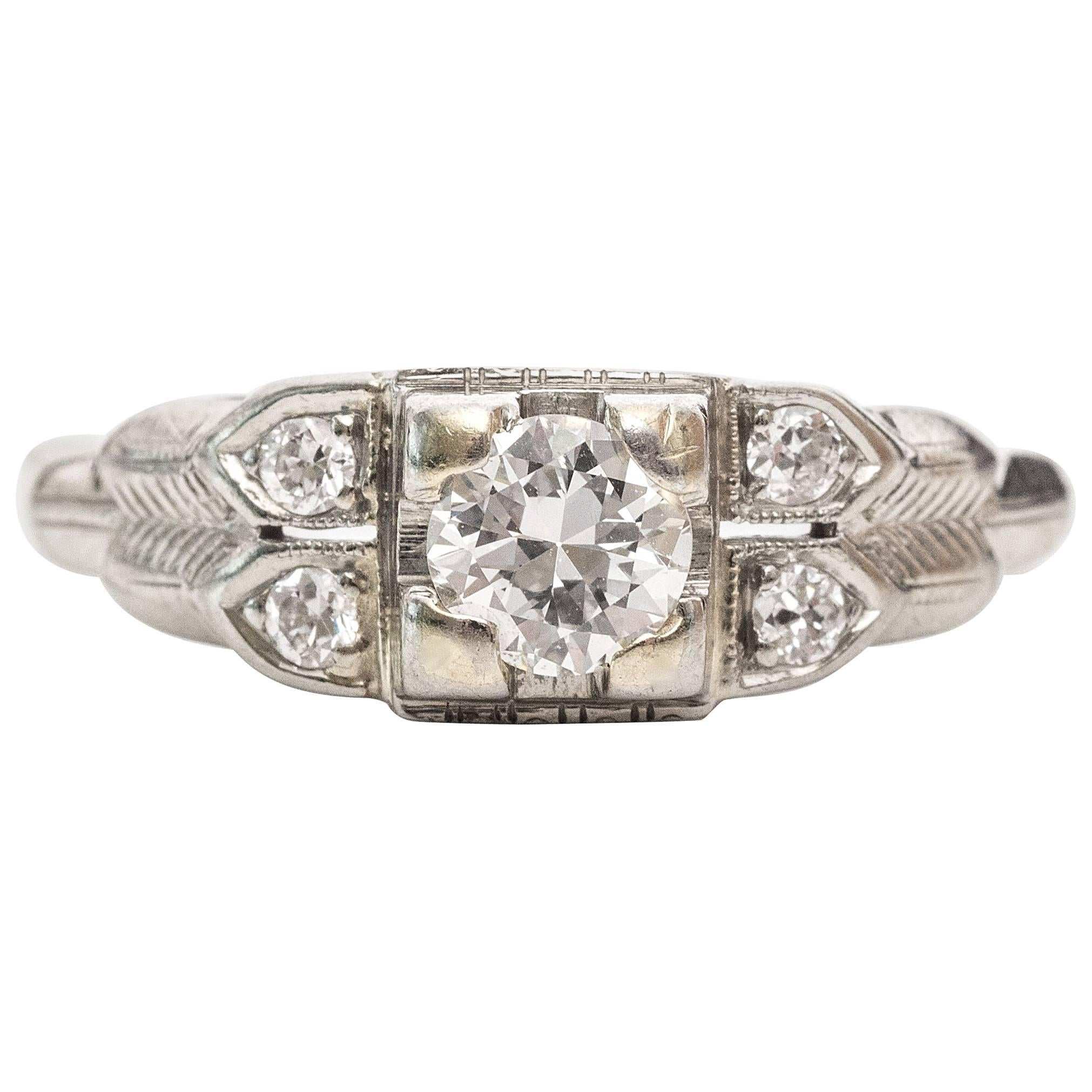 1930s Art Deco .30 Carat Old European Diamond White Gold Engagement Ring