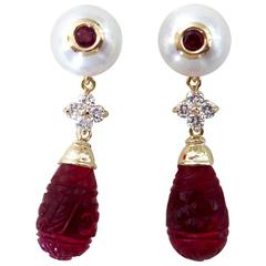 Michael Kneebone Rubellite Pearl Diamond Red Topaz Dangle Earrings