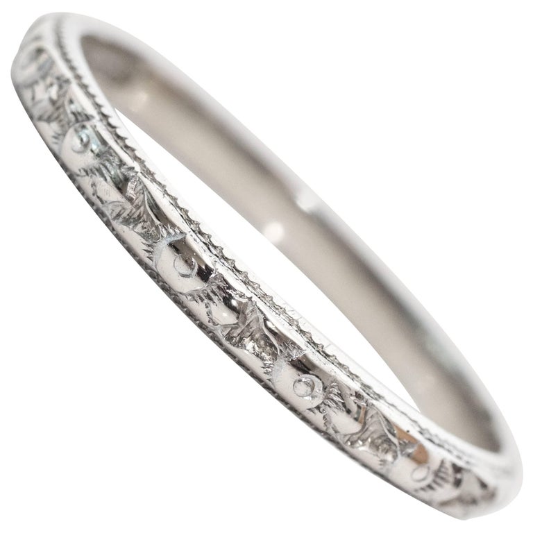 1930s Art Deco Handmade Etched 18 Karat White Gold Wedding Band For Sale