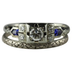 Art Deco Diamond and Blue Sapphire Wedding Set