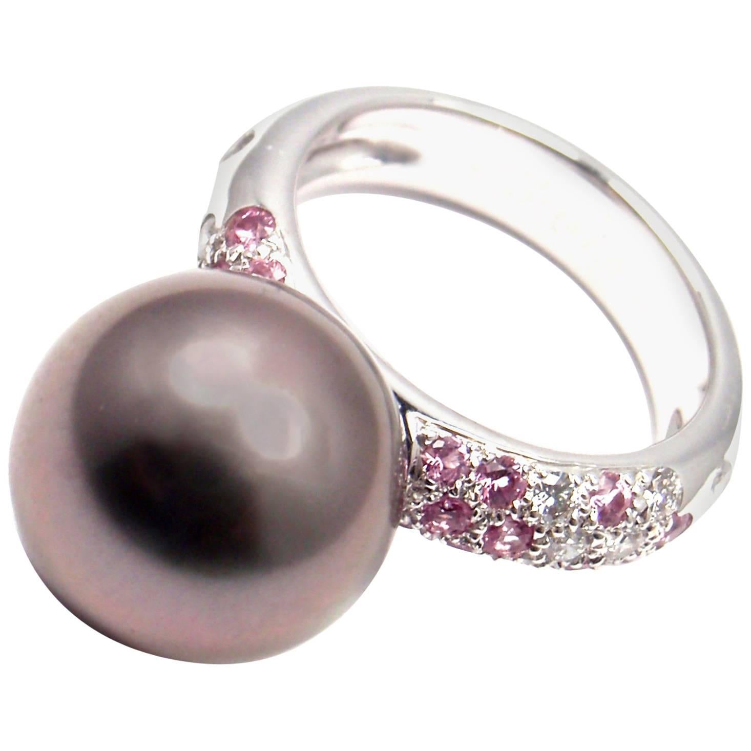 Cartier Tahitian Pearl Diamond and Pink Sapphire White Gold Ring For Sale