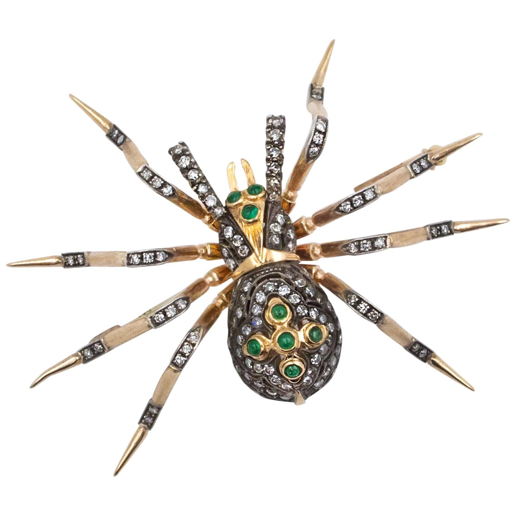 Emerald Diamond Pink and Yellow Gold Handcrafted Spider Brooch For Sale