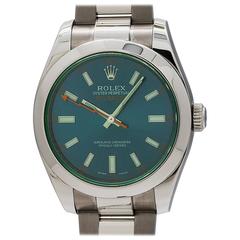 Rolex stainless Steel Milgauss GV Blue Dial Green Crystal wristwatch Ref 116400