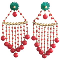 Cochin Earrings Coral Carved Emerald Flowers Gold 4