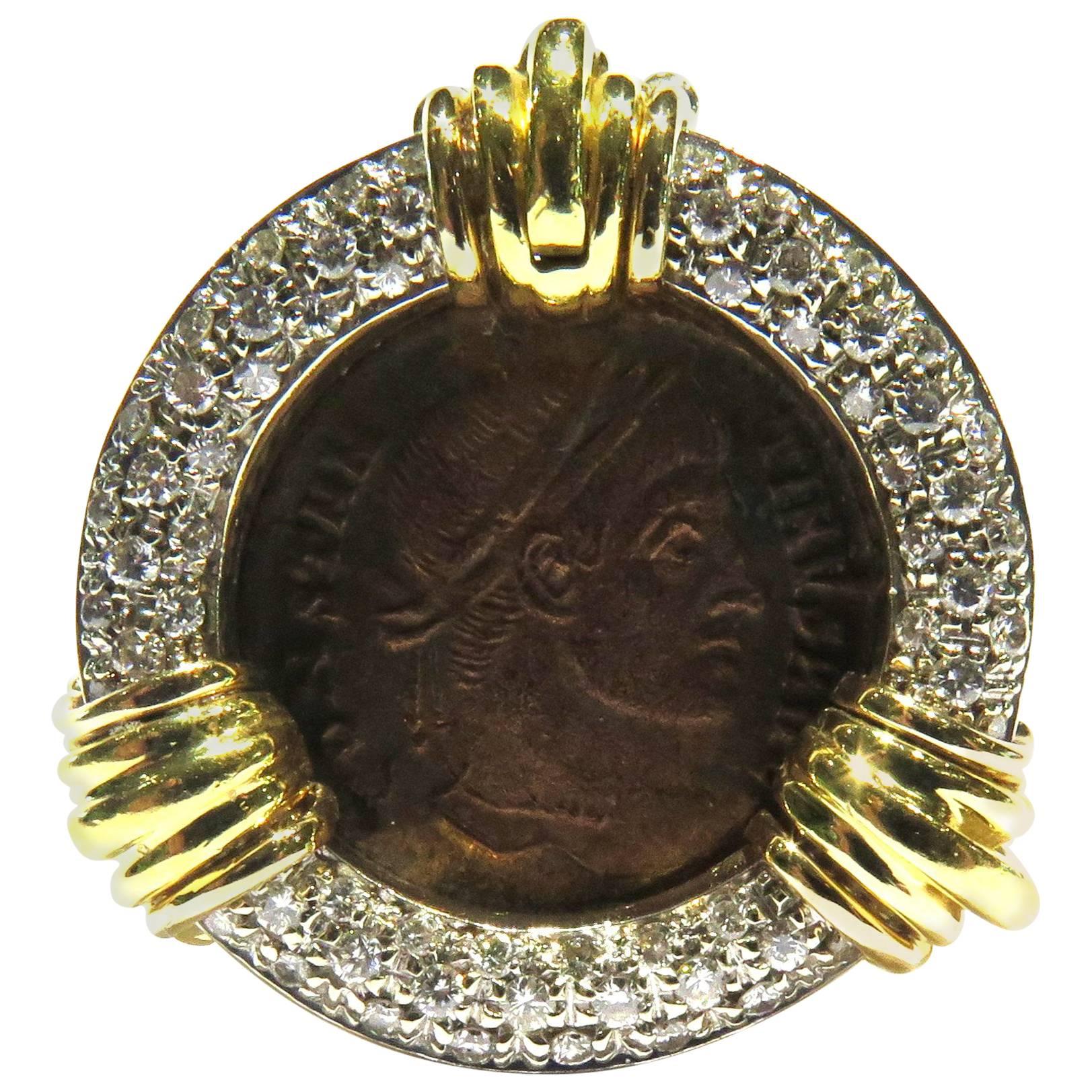 Incredible Pave Diamond Bezel Ancient Bronze Gold Coin Ring