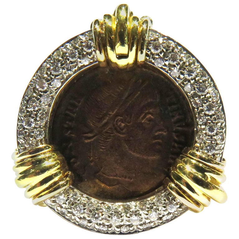 Incredible Pave Diamond Bezel Ancient Bronze Gold Coin Ring at 1stDibs