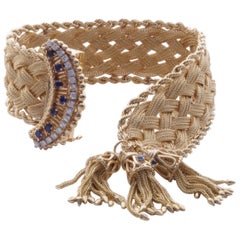 Retro 14 Karat Yellow Gold Diamond and Sapphire Tassel Buckle Bracelet 5