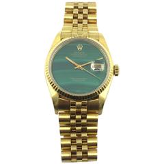 Rolex 18 Karat Yellow Gold Malachite Dial Datejust Wristwatch with Papers, 1980s