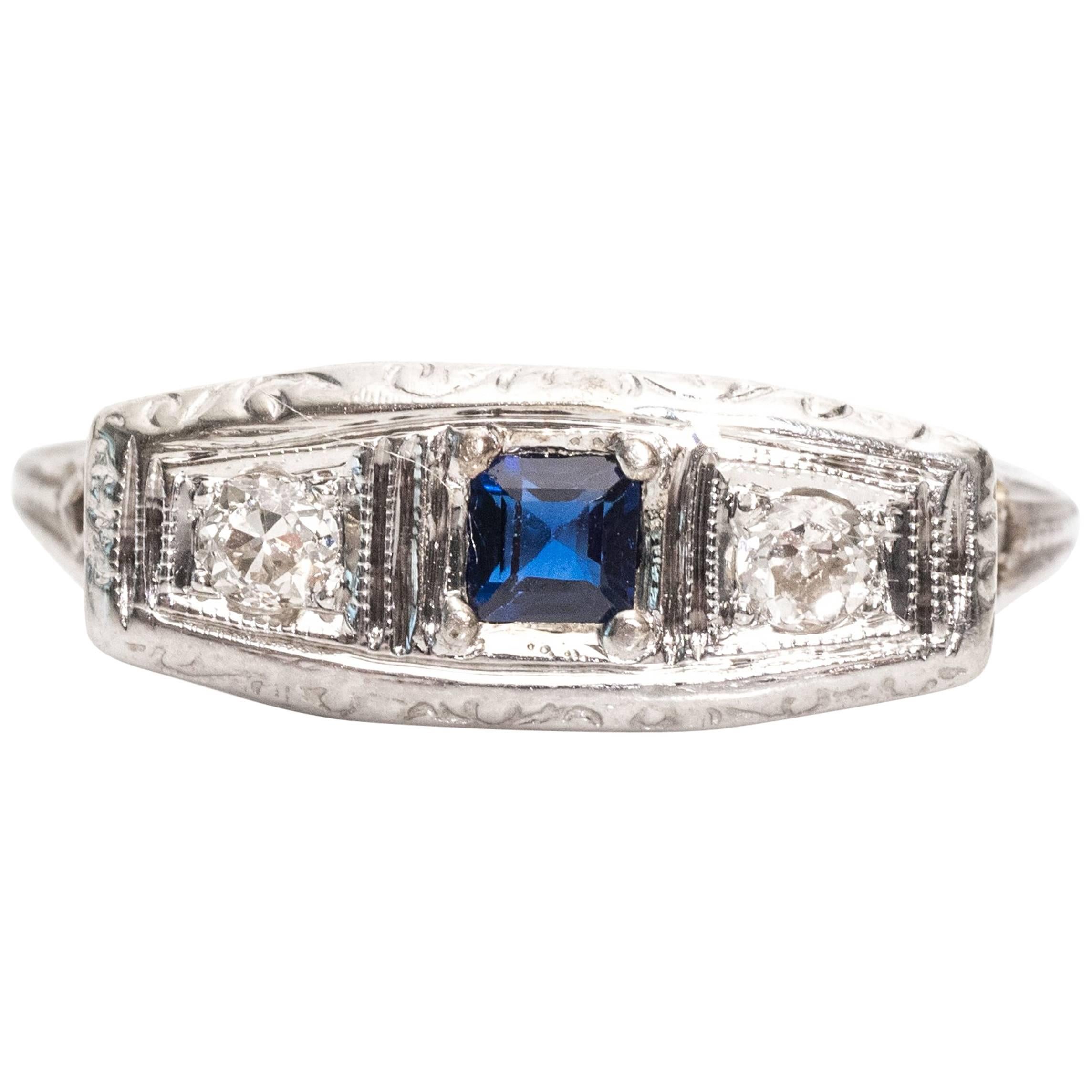 1930s Edwardian Simulated Sapphire, Old Mine Diamond and White Gold Ring