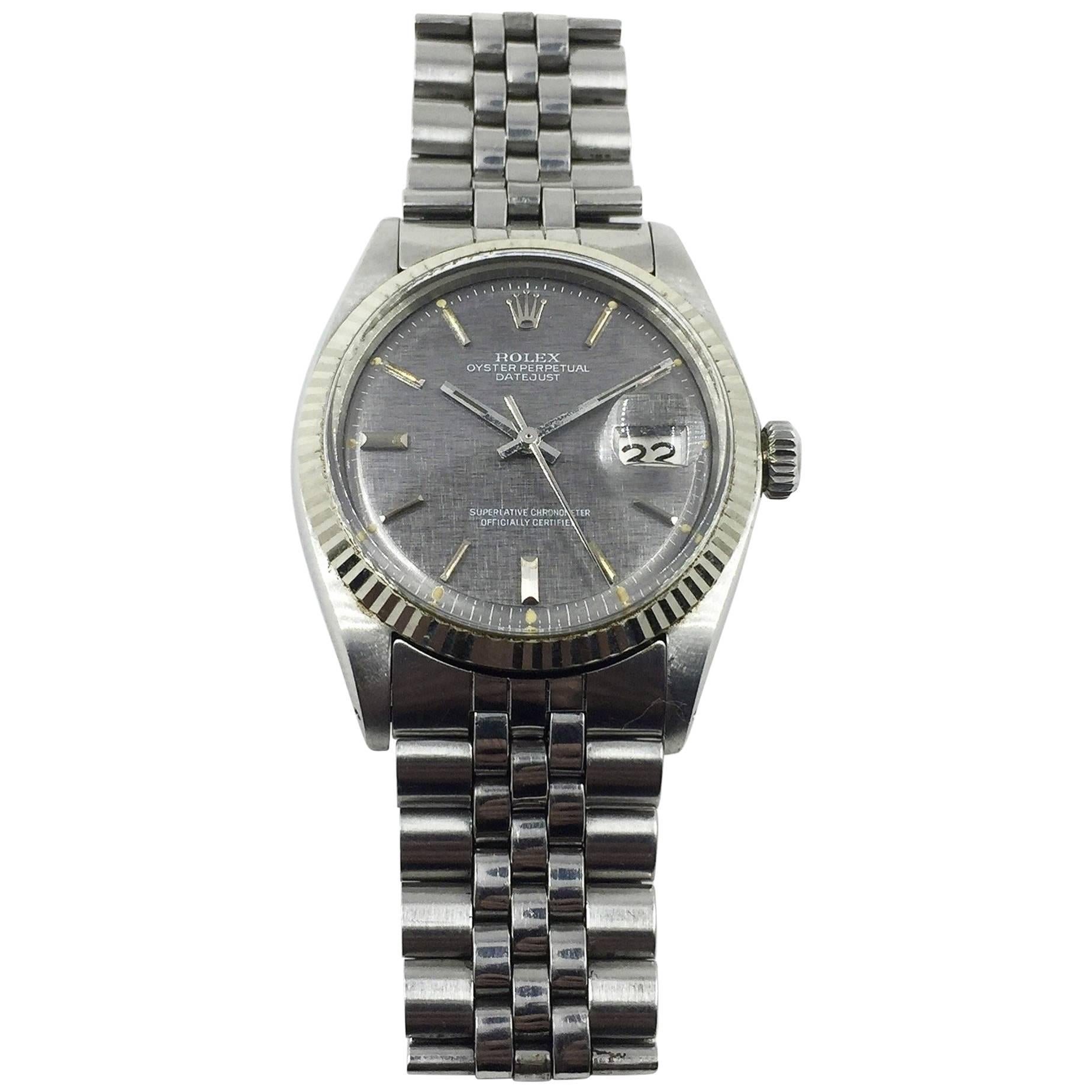 Rolex Stainless Steel Grey Linen Dial Datejust Wristwatch, 1970s