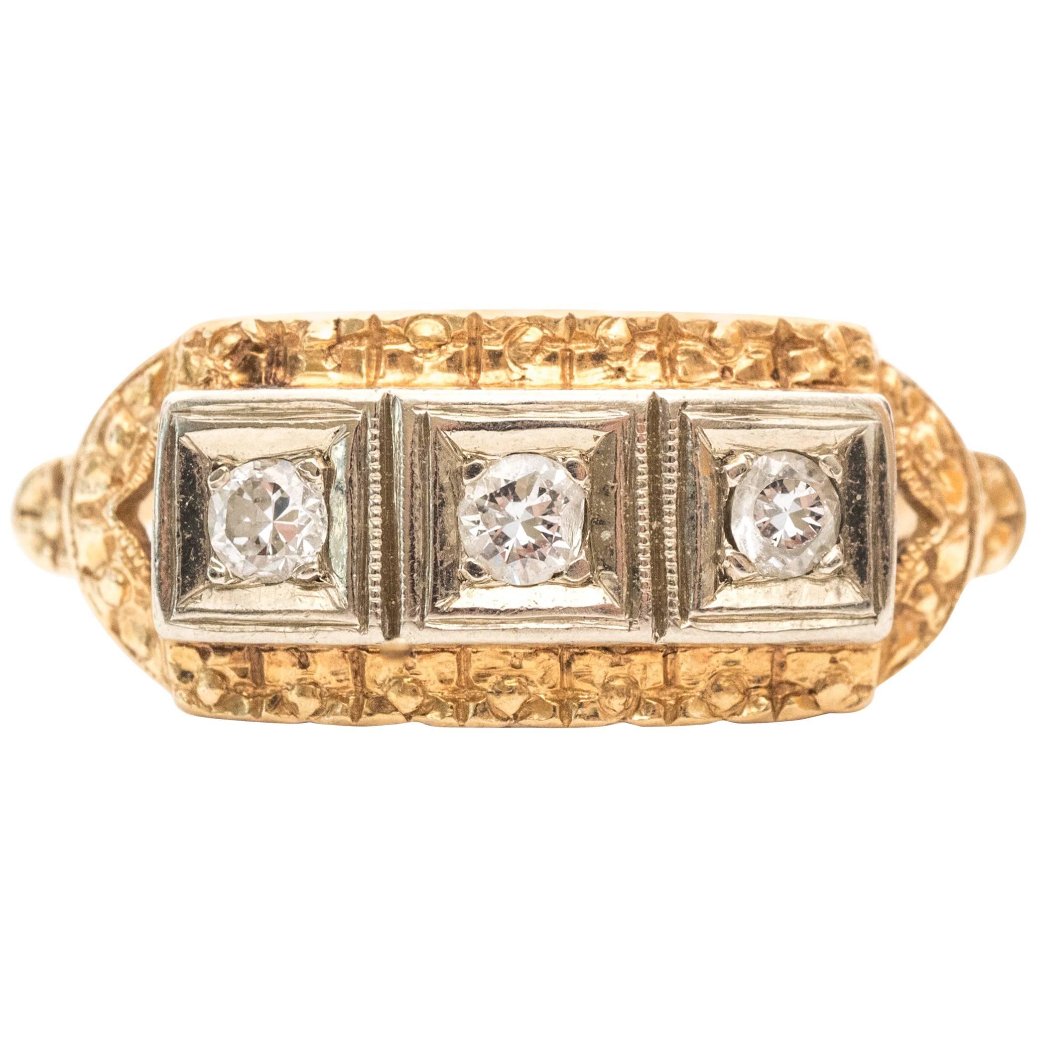 1920 Art Deco Three-Stone Diamond Two-Tone 14 Karat Gold Ring