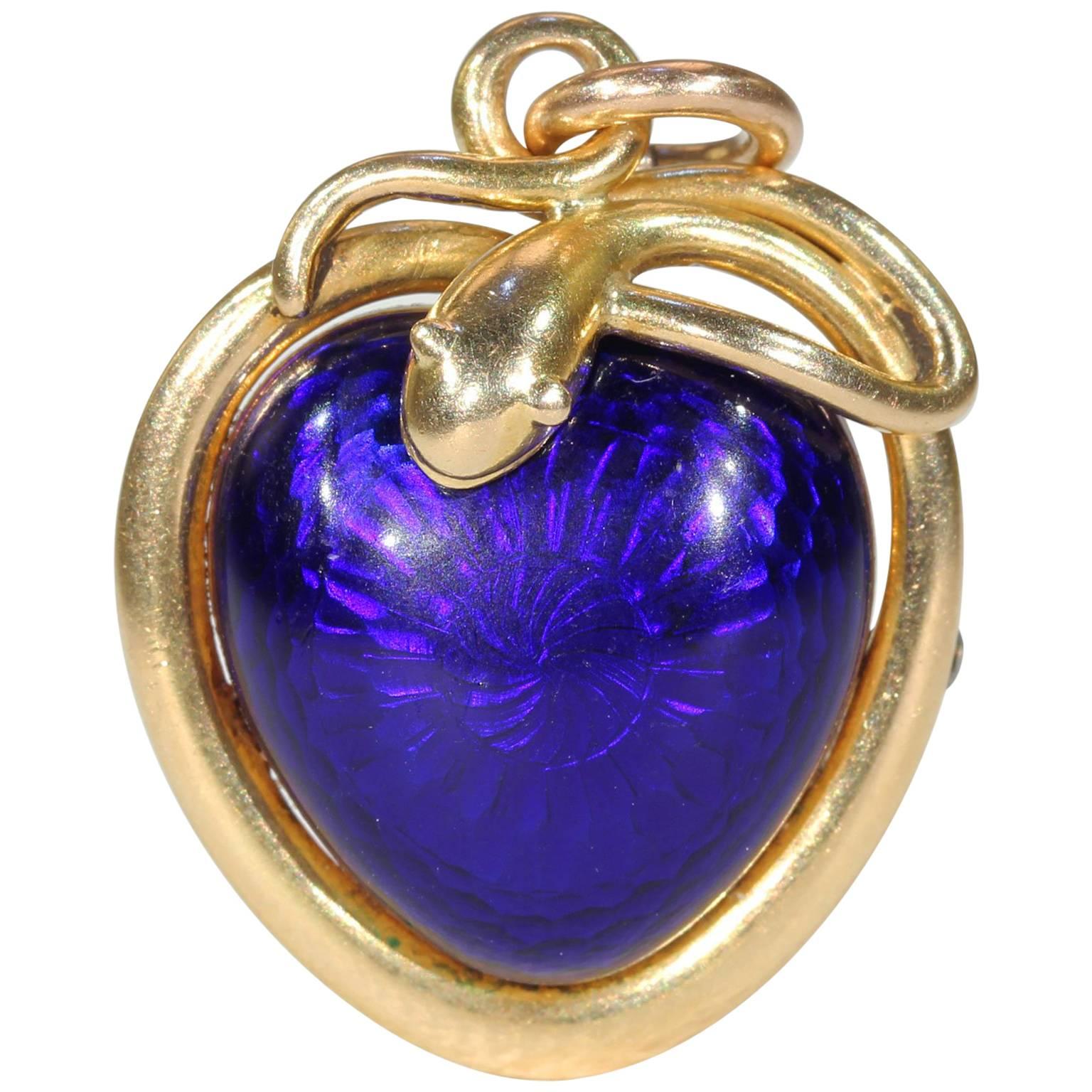 Victorian Blue Enamel Snake Heart Pendant Necklace, 1851