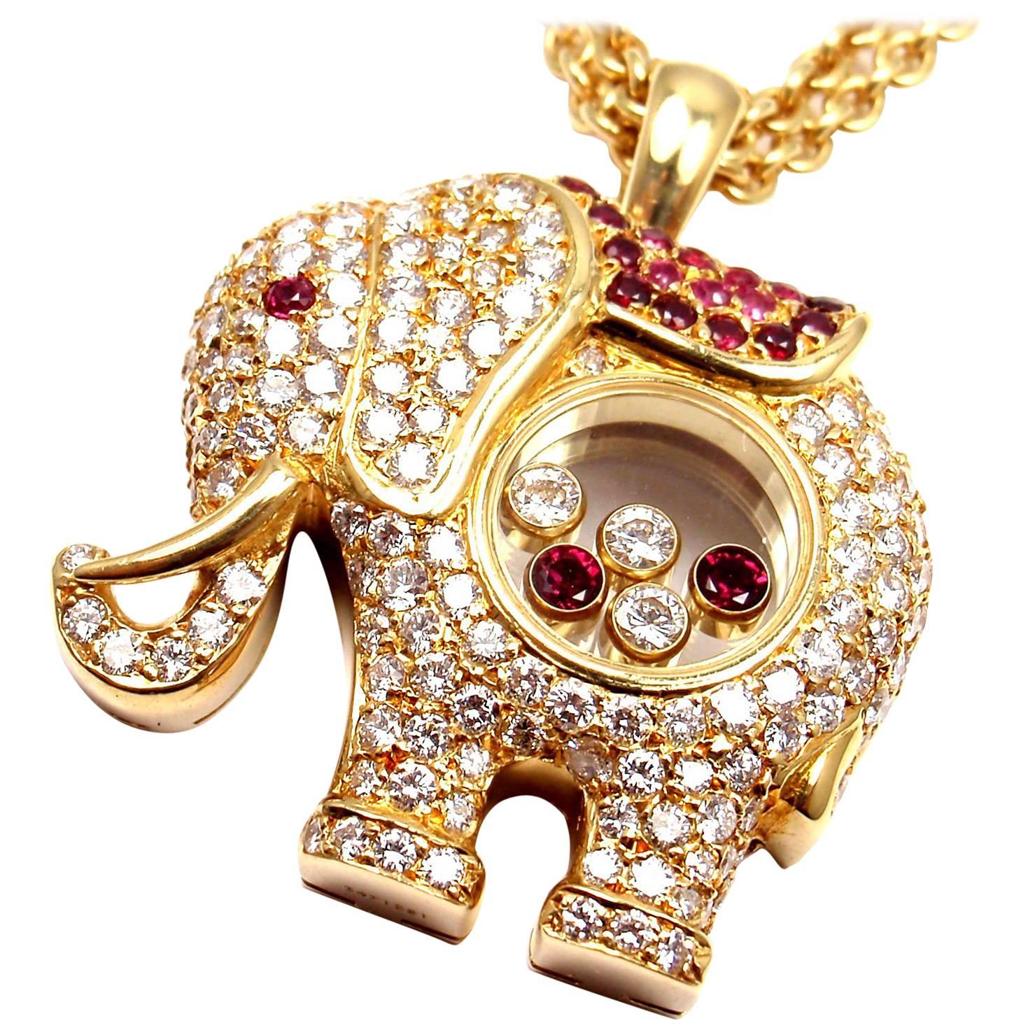 Chopard Happy Elephant Diamond Ruby Large Yellow Gold Pendant Necklace
