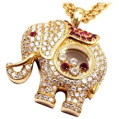 Chopard Happy Elephant Diamond Ruby Large Yellow Gold Necklace