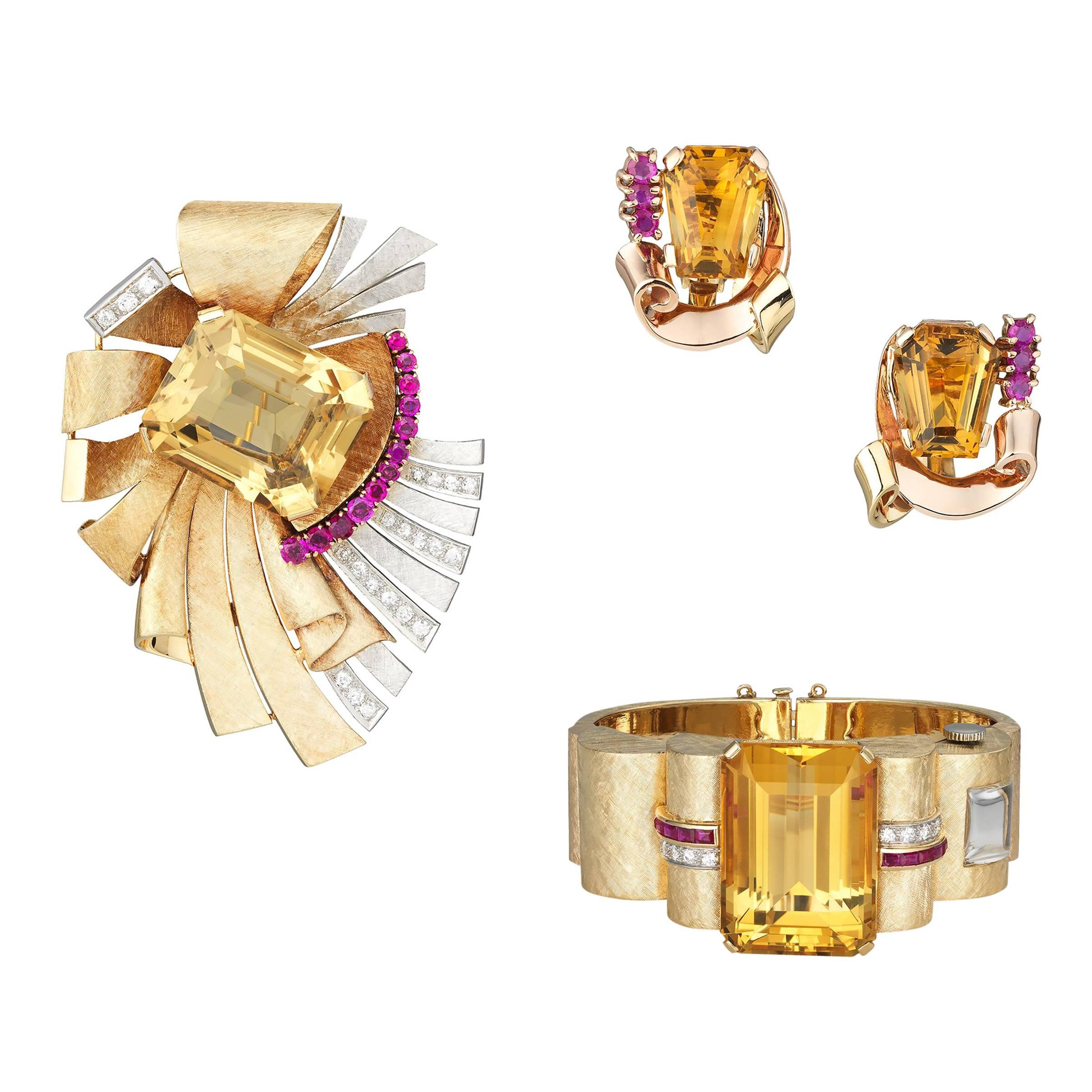 Retro Emerald Cut Citrine Citrine Ruby Diamond Gold Suite