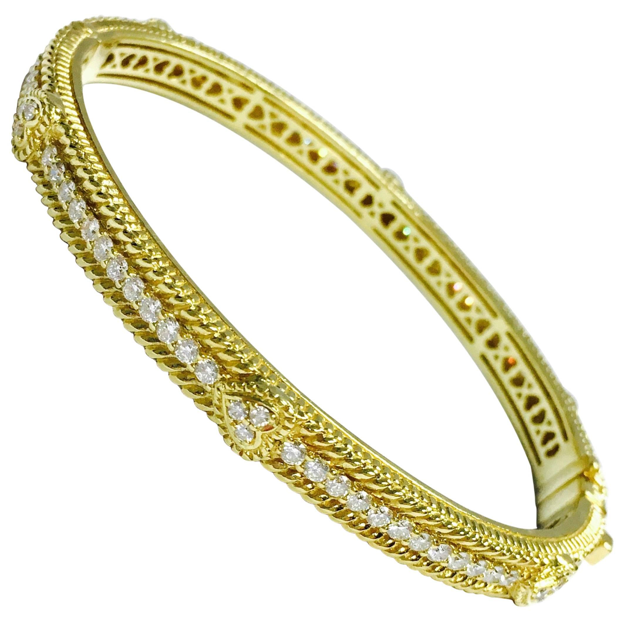 Judith Ripka Romance Diamond Yellow Gold Hearts Bangle Bracelet