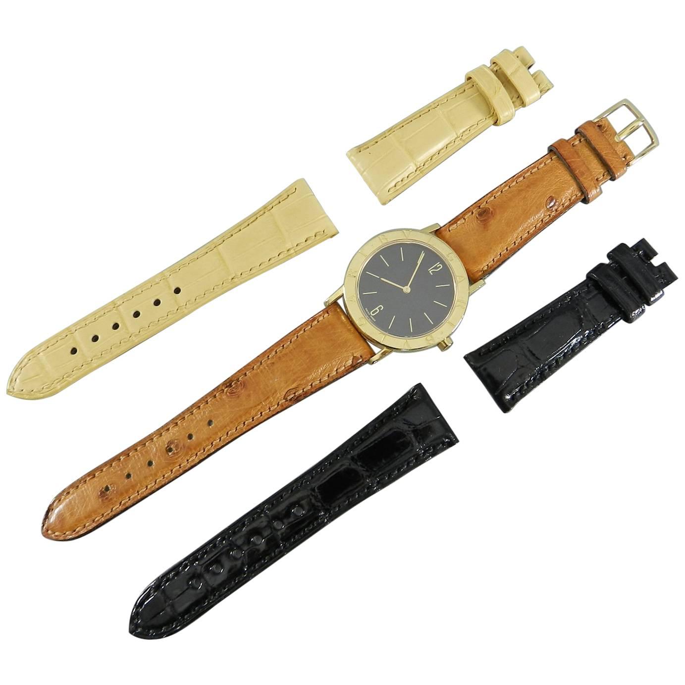 Bvlgari Yellow Gold Watch with Three Sets of Exotic Bands Black Wristwatch