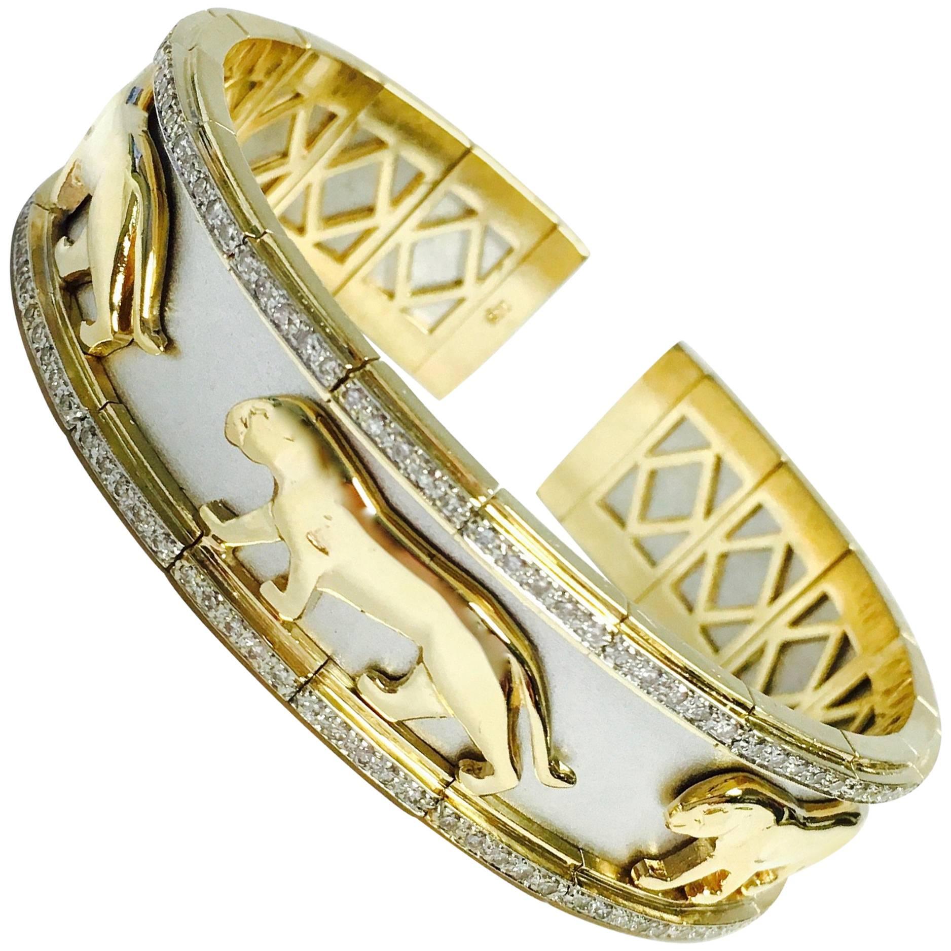 Two-Tone Diamond white and yellow gold Panther Flexible Cuff Bangle Bracelet