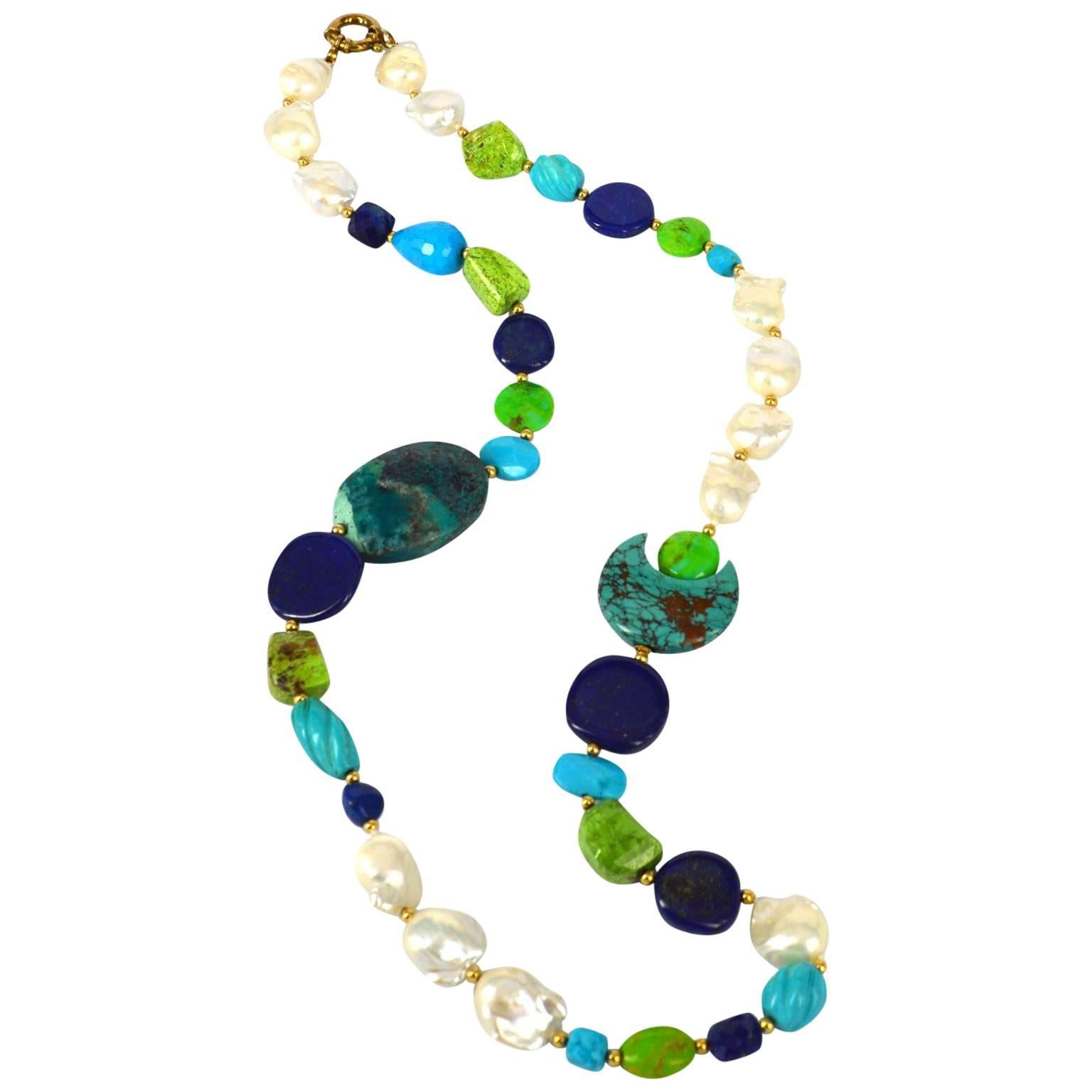 Decadent Jewels Lapis Lazuli  Gaspiete Turquoise Pearl Chrysocolla Gold Necklace For Sale