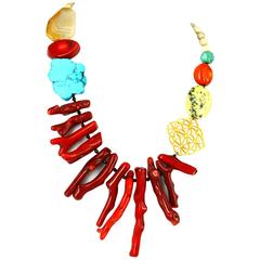 Sea Bamboo Coral Agate Turquoise Ivory Jasper Serpentine Onyx Gold Necklace
