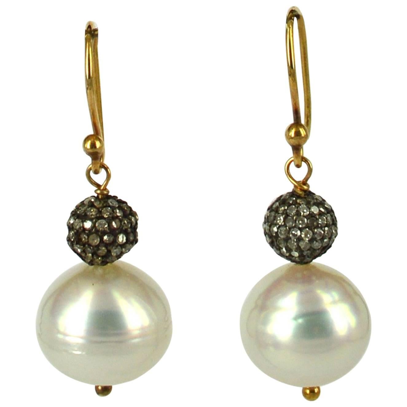 South Sea Pearl Diamond Gold Earrings For Sale