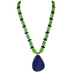Green Mojave Turquoise Lapis Lazuli Gold Pendant Necklace