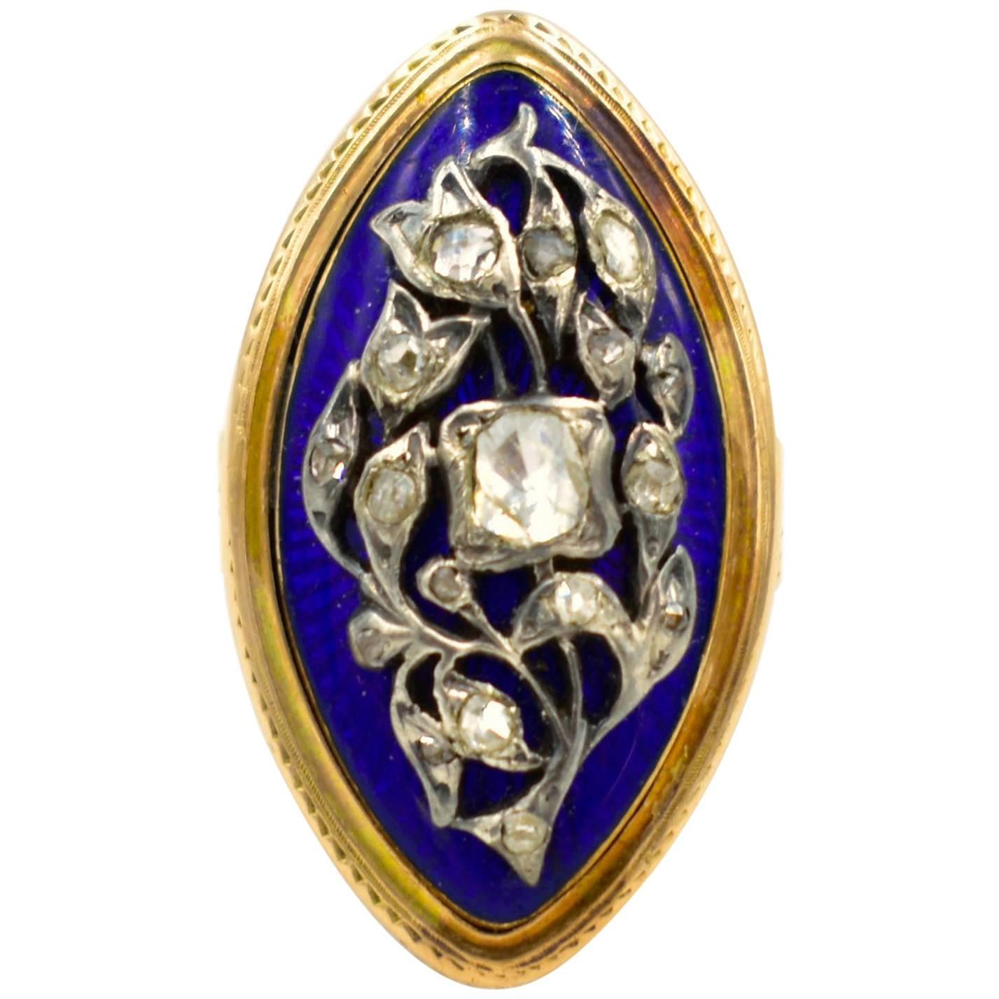 Antique Marquise Shaped Gold, Enamel and Diamond Ring For Sale
