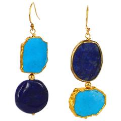 Asymmetrical Lapis Lazuli Turquoise Gold Drop Earrings