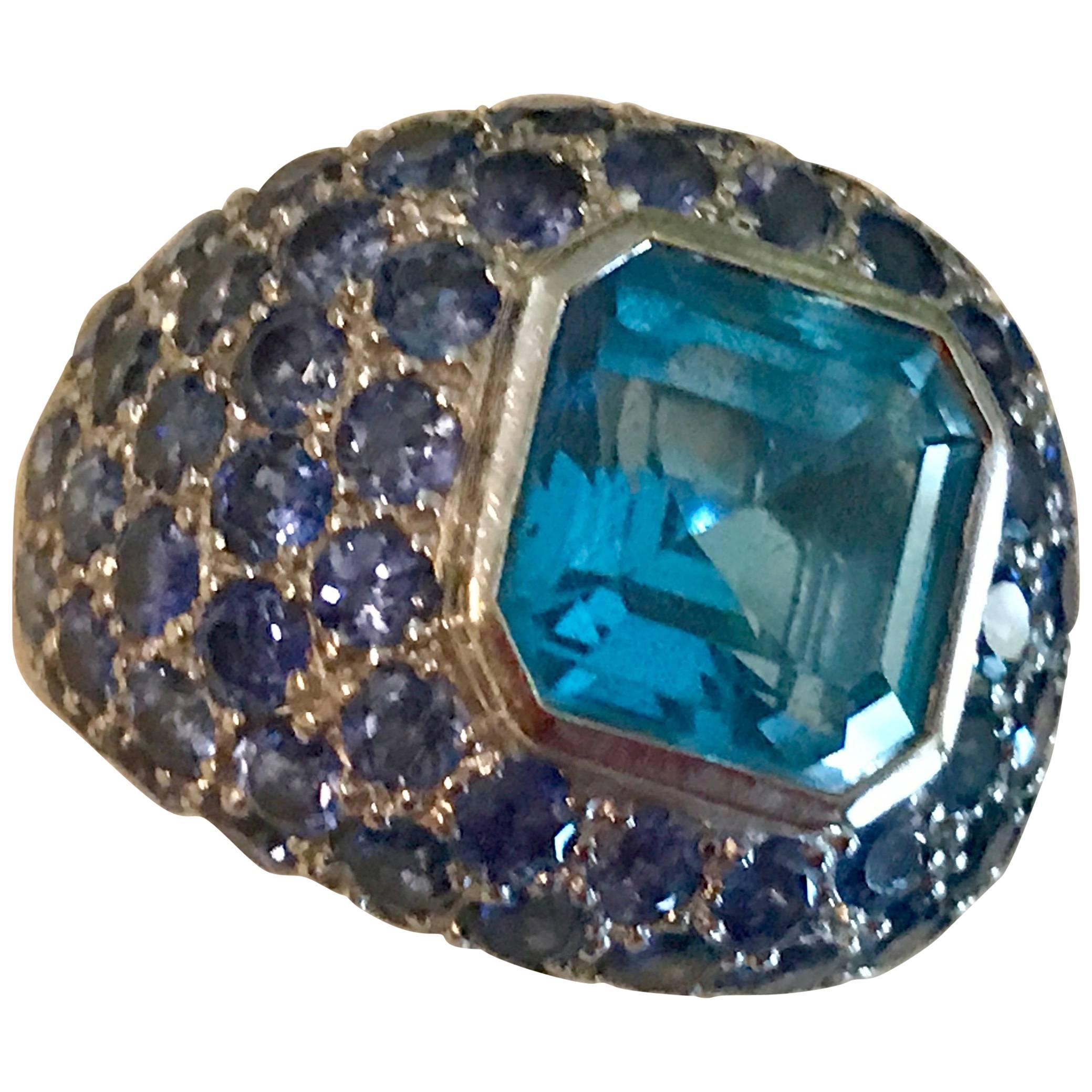 Blue Topaz Blue Sapphire white gold Ring For Sale
