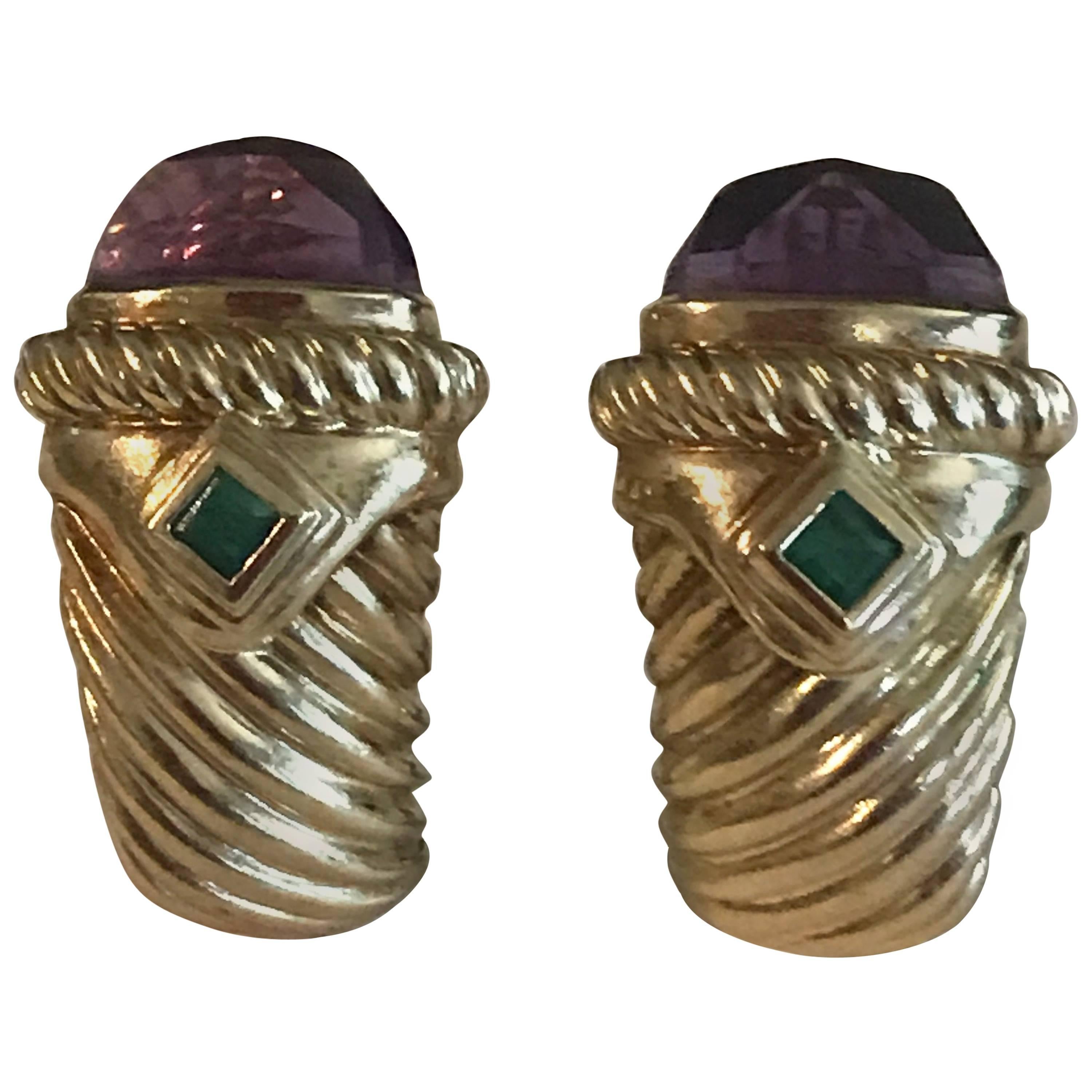 David Yurman Amethyst Emerald Yellow Gold Earrings For Sale