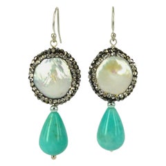 Pave Crystal Coin Pearls Amazonite Silver Drop Earrings