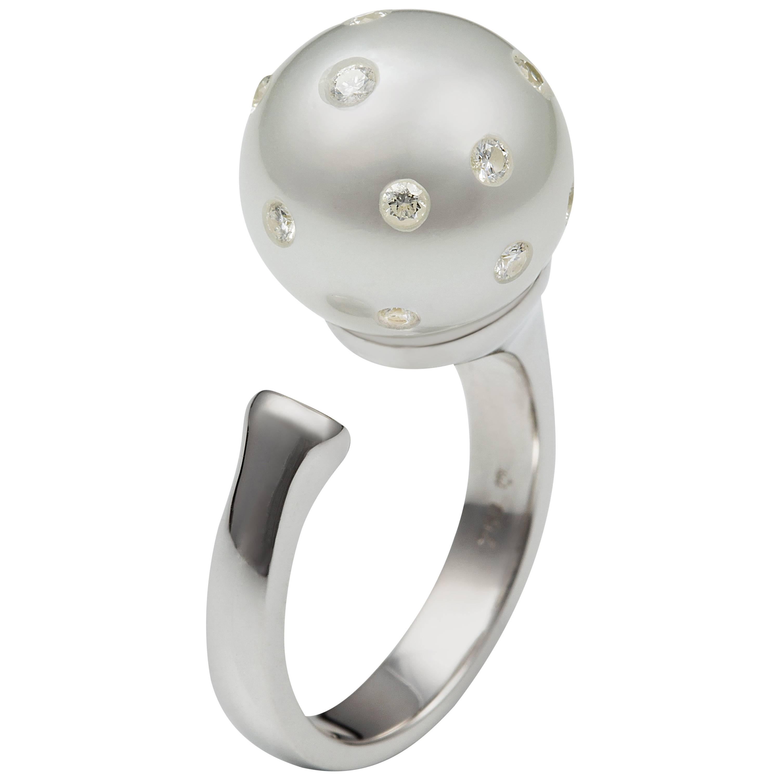 Lust Pearls South Sea White Pearl 0.28 Carat White Diamond Cocktail Ring For Sale