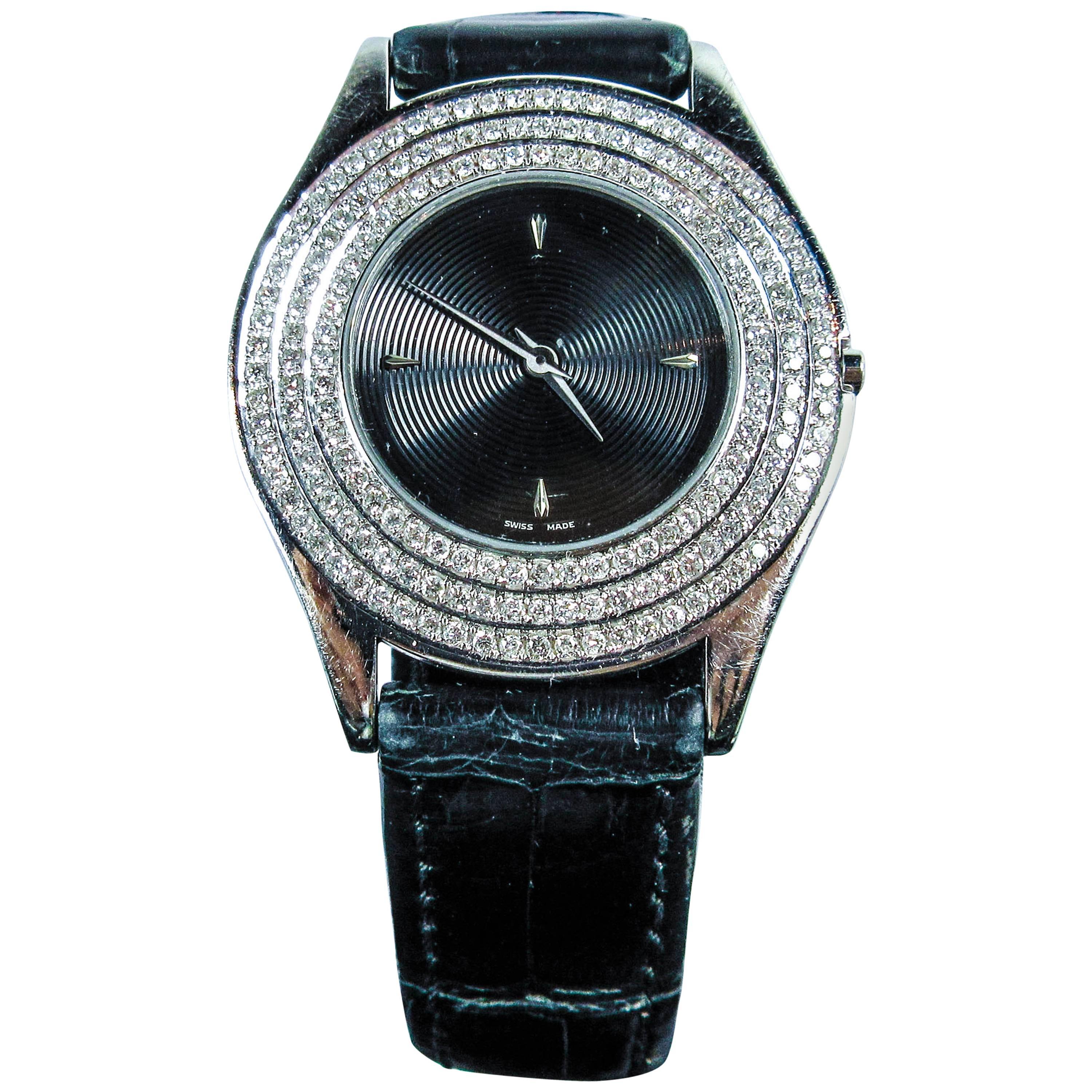 Mauboussin Ladies Gold Pave Diamond Accent Black Exotic Alligator Wristwatch